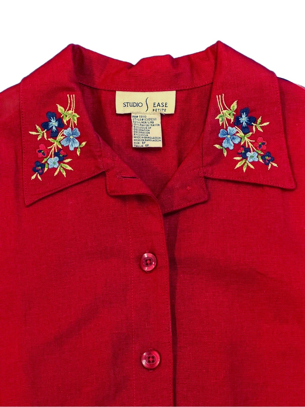 Vintage Studio Ease Petite Linen Blend Embroidered Floral Crop Shirt Red 6P